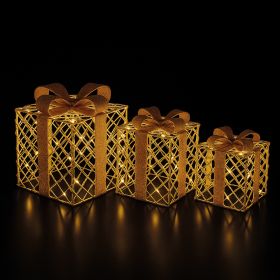 Set 3 scatole regalo luminose a batteria in ferro e corda di canapa, Xmas