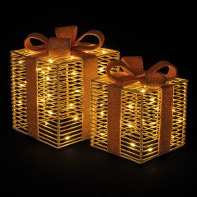 Set 2 scatole regalo luminose a batteria, fiocco in tessuto dorato, Santa&#39;s House