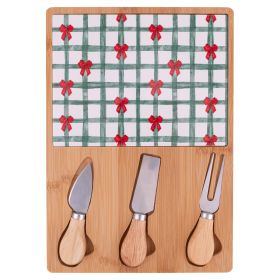 Set tagliere e 3 coltelli da formaggio, in legno di bamb&#249; e ceramica, Natale coi fiocchi