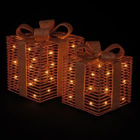 Set 2 scatole regalo luminose a batteria, fiocco in tessuto dorato, Santa&#39;s House