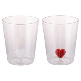 Set 2 bicchieri 420 ml in vetro borosilicato, cuore interno in 3D, Cuoricini