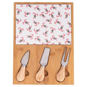 Set tagliere e 3 coltelli da formaggio, in legno di bamb&#249; e ceramica, Natale coi fiocchi